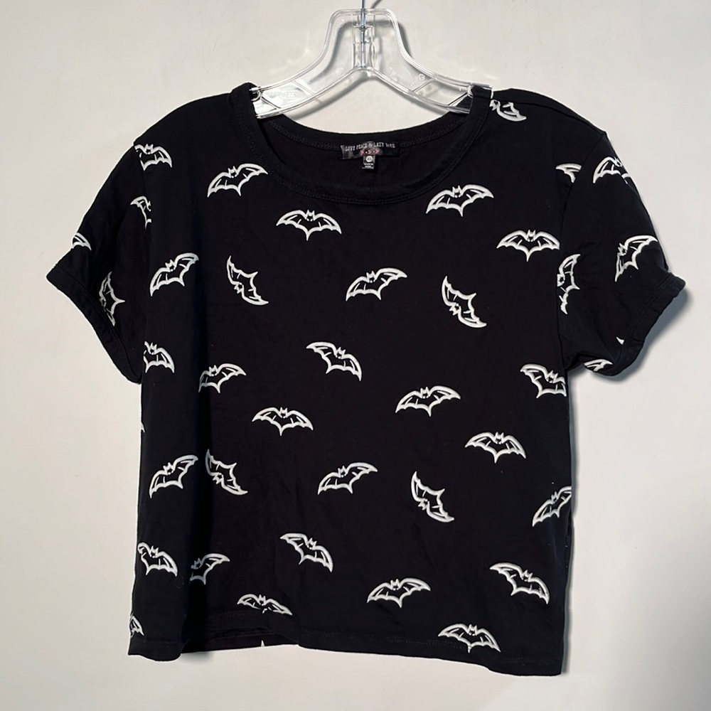 LOVE PEACE & LAZY DAYS Goth Grunge Halloween Bat Print B/W Cotton Crop Top SZ XL